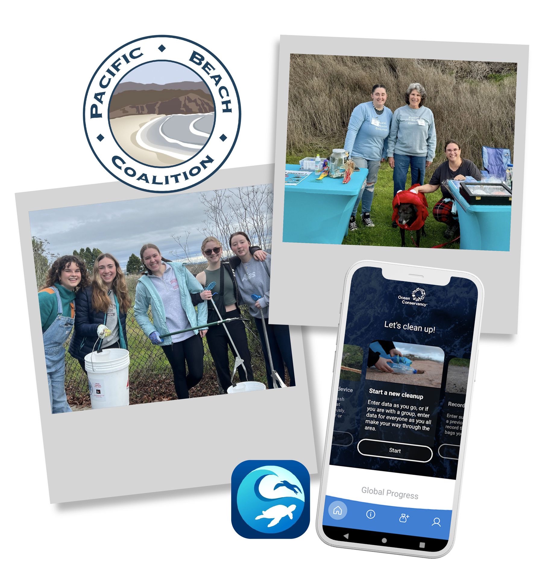Polaroids showing some of the events Pacific Beach Coalition has hosted. Including a beach clean up.