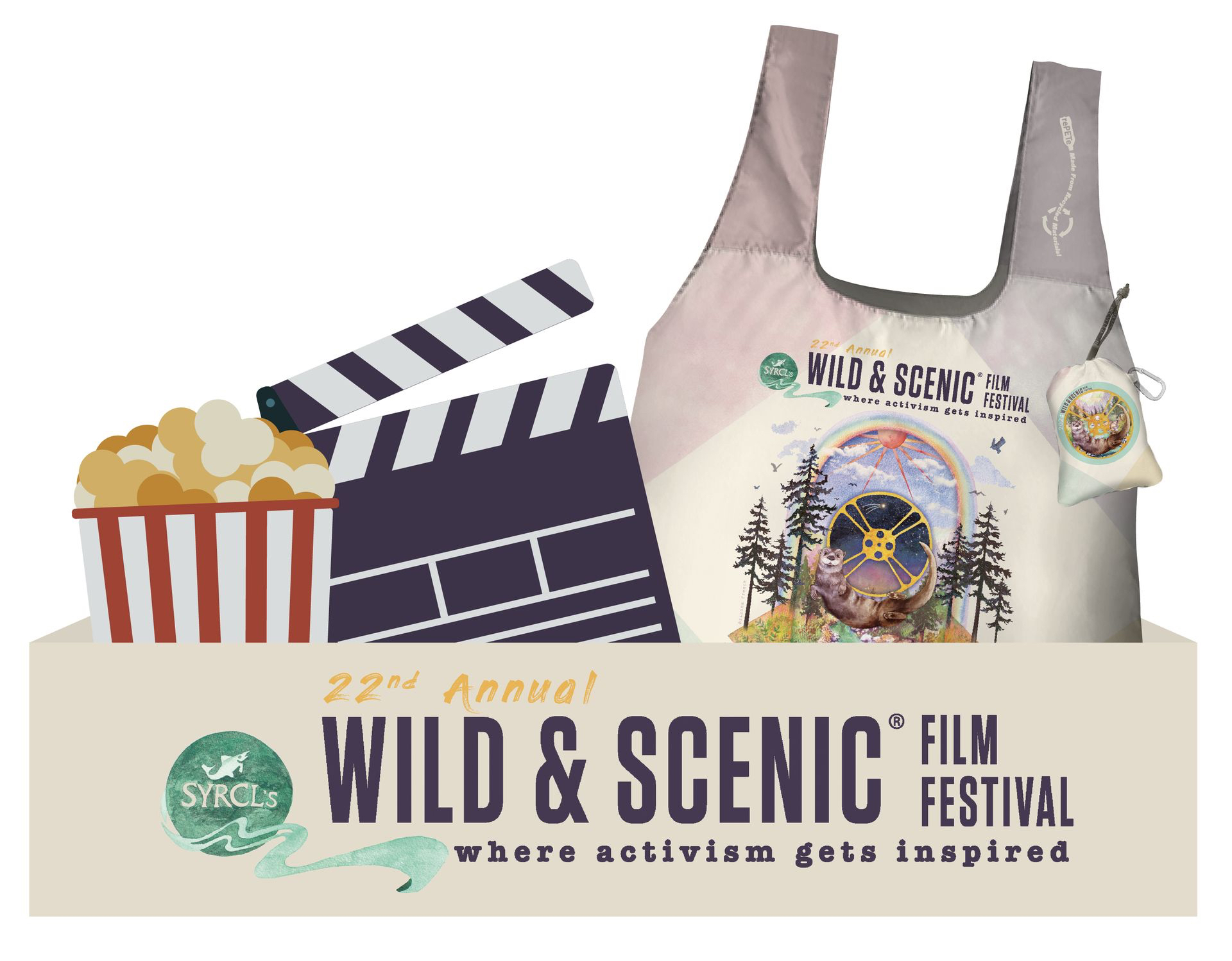Graphic Showing the Chicobag Event bag along with a banner for the 22nd annual Wild and Scenic Film Festival banner.