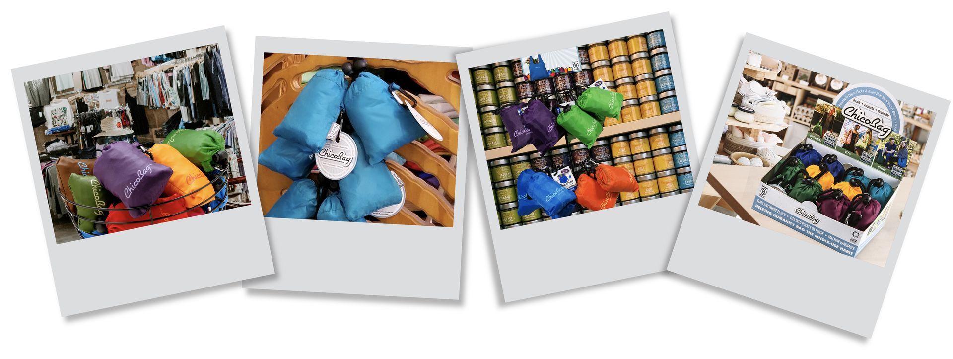 four Polaroids showing Chicobag's product displays that help support our distributors