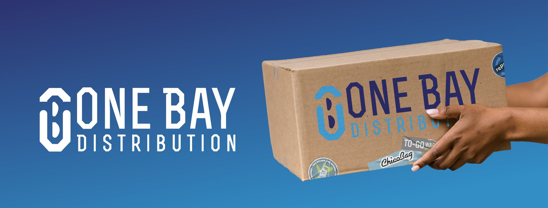 hands delivering a box labeled One Bay Distribution with Chciobag Branding stickers on it.