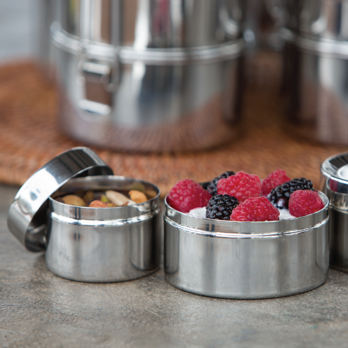 one large and one small To-Go Ware stainless steel sidekicks filled with yogurt and berries and trailmix