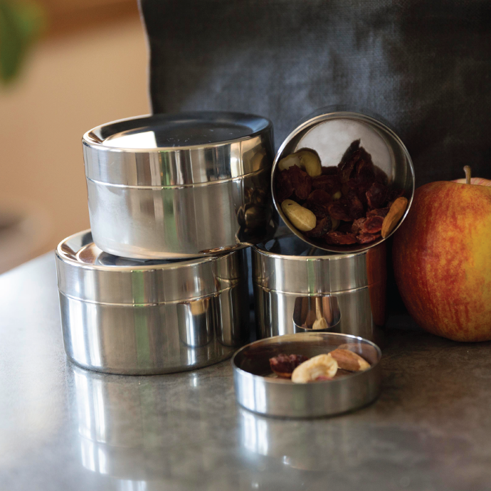 Two large and two small To-Go Ware Dishwasher safe stainless steel container next to eachother.