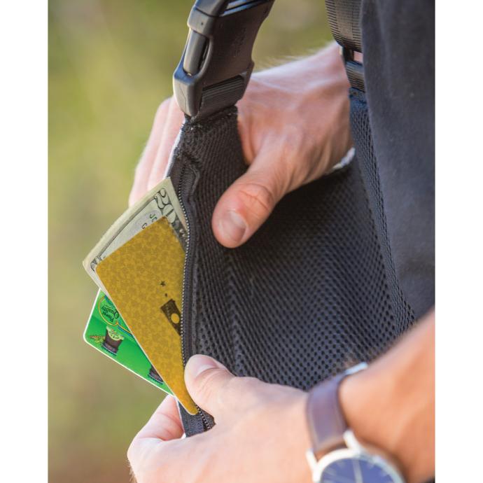 close up of the zippered water resistant pouch on the chicobag deluxe water bottle sling reusable bottle holder for all sizes