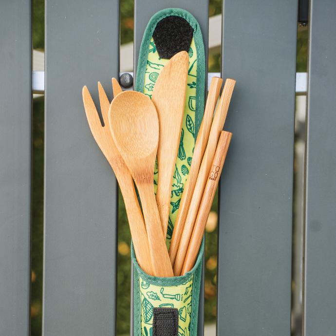To-Go Ware Reusable Bamboo utensils coming out of a To-Go Ware Premium Happy Camper Case