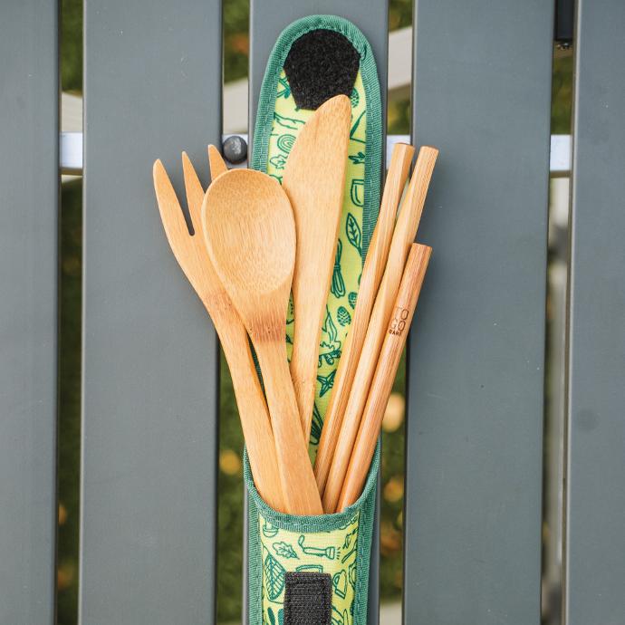 To-Go Ware Reusable Bamboo utensils coming out of a To-Go Ware Premium Happy Camper Case