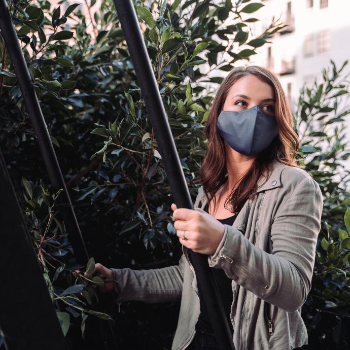 woman wearing a slate gray ChicoBag reusable 2 layer mask