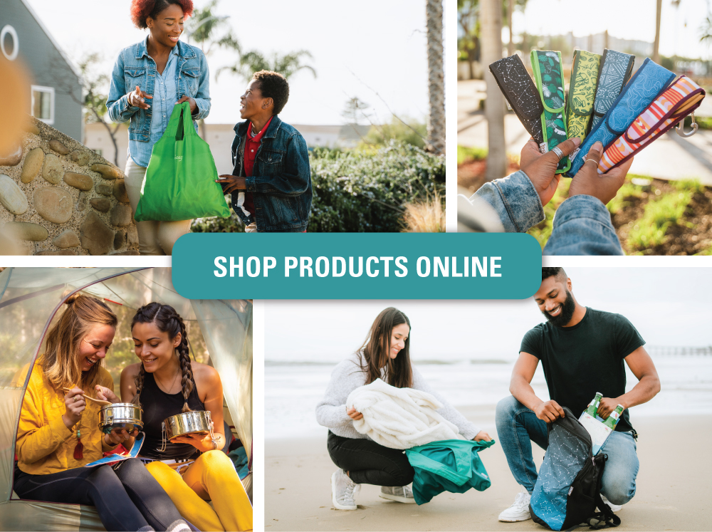 Reusable shopping bag being used by mom and son, brightly colored printed premium utensil sets fanned in hands, two girls in a camping tent eating from stainless steel tiffins using bamboo forks and a man and woman on the beach taking a blanket out of a reusable shoulder tote
