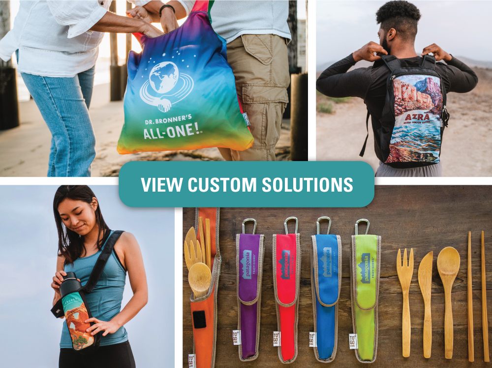 Two people holding a reusable shopping bag with Dr Bronner's All-One logo and rainbow colors, man wearing an Azra backpack, woman wearing a cross-body water bottle sling with beautiful national park design and customized patagonia provisions bamboo utensil sets
