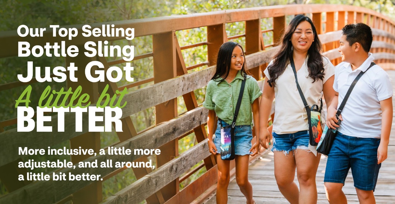 A mother and her two kids all wearing a bottle sling adjusted to each persons size