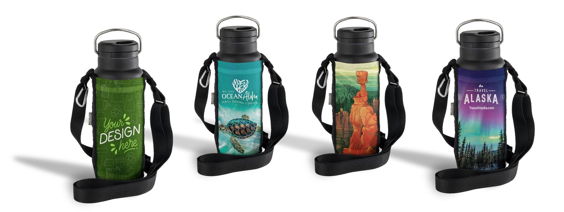 4 bottle slings with different park logos