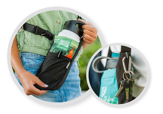 Adjustable Bottle Sling shown with a large bottle and keychain.