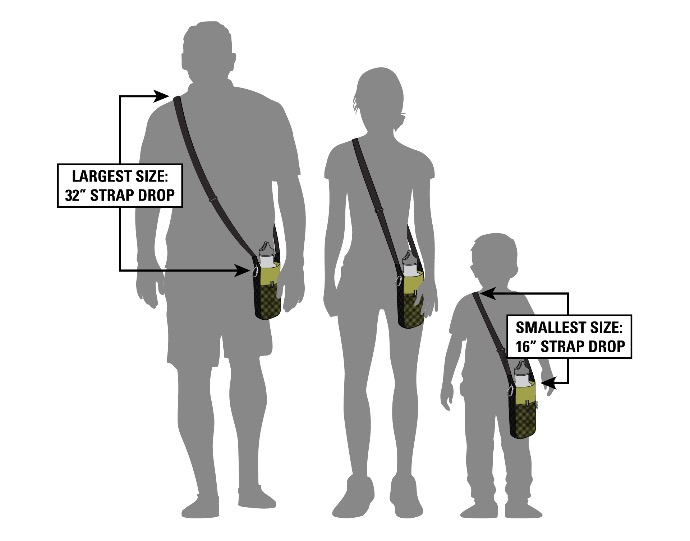 Image shows a tall, medium and small person wearing adjustable bottle sling