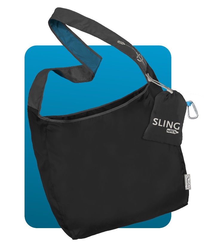 Chicoba's Sling bag shown in black with blue accents