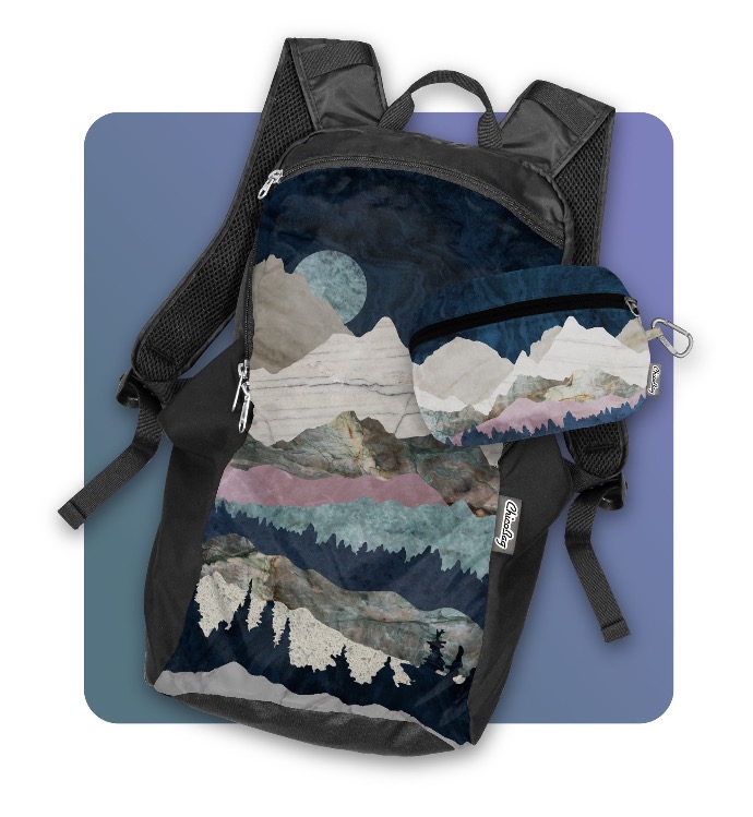 Picture of Travel pack rePETe mountainscape print.  mountain scape is a combination of mountain and tress landscapes on the horizon.