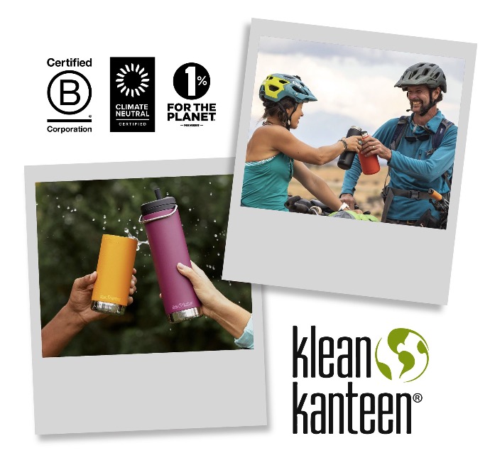 klean Kanteen's Logo Over two Polaroid Pictures showing their Insulated reusable Bottles