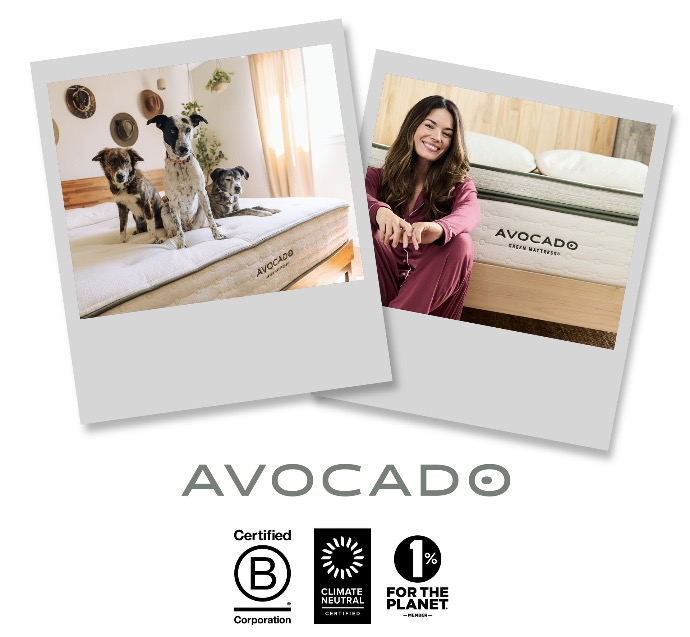 Avocado's Logo over two polaroids showing their green mattress 