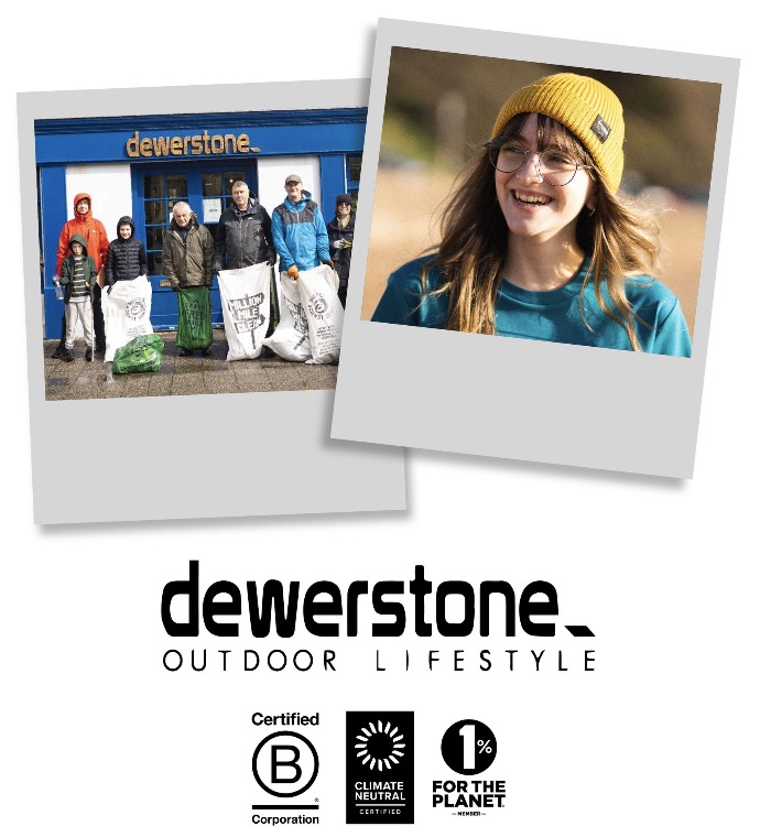 Dewerstone's Logo over two polaroids showing their store front and Products