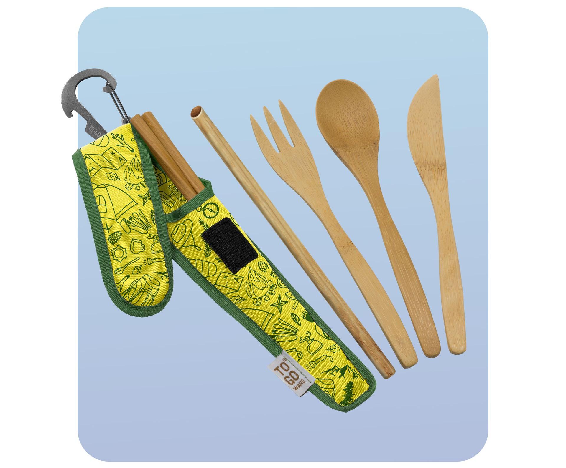 To go Ware's Premium Utensil Set, Shown in th Happy Camper Style showcasing the Bamboo utensils and useful Bottle Opener. 
