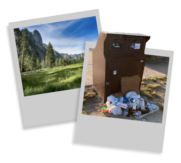 Polaroids showing and overflown park trashcan with single used plastics. 