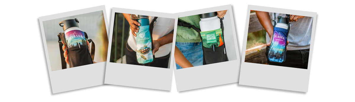 Polaroids Showing Chicobag's New adjustable Bottle sling with various National park artwork