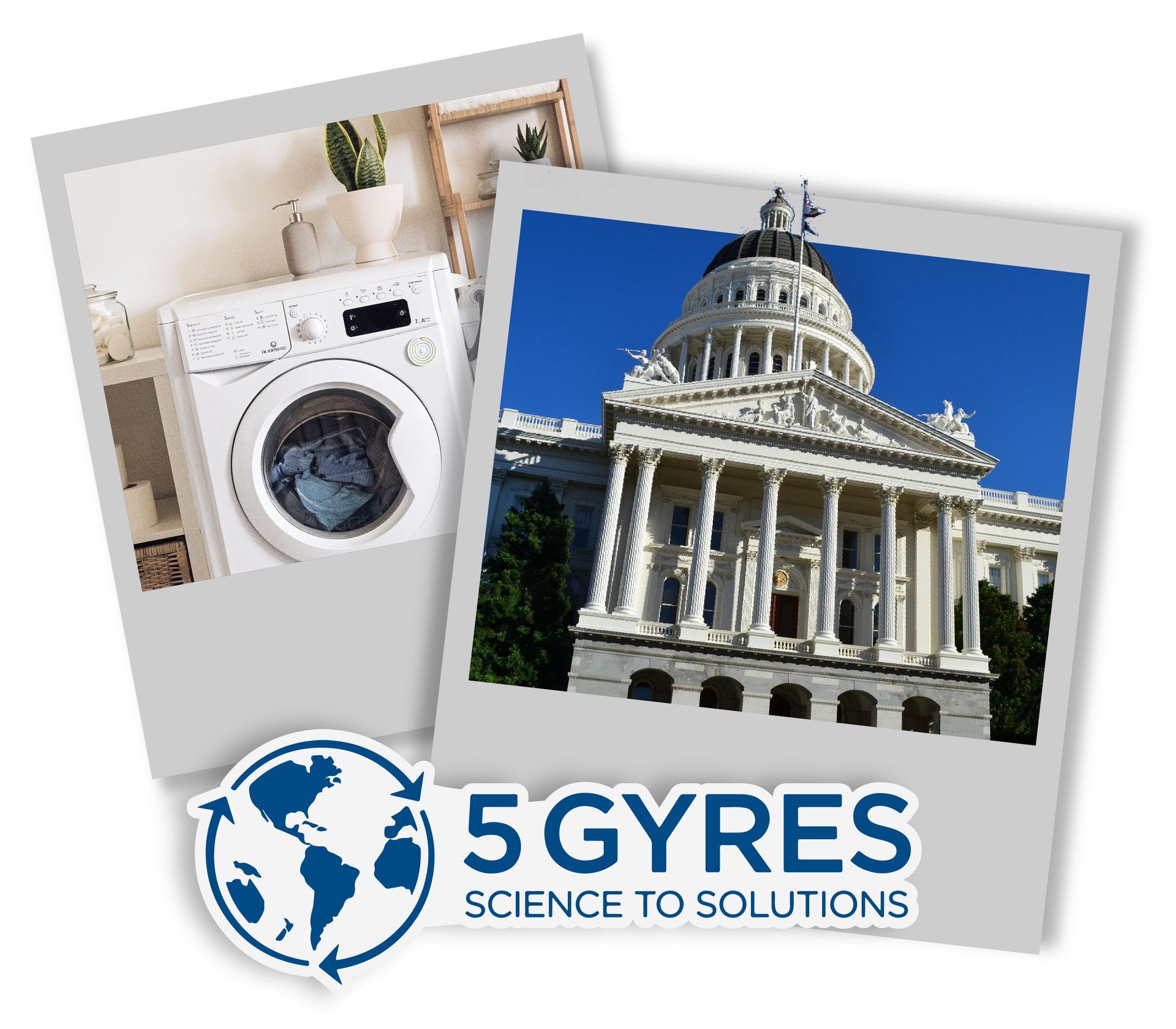 a Polaroid showing a washing machine and a capital building