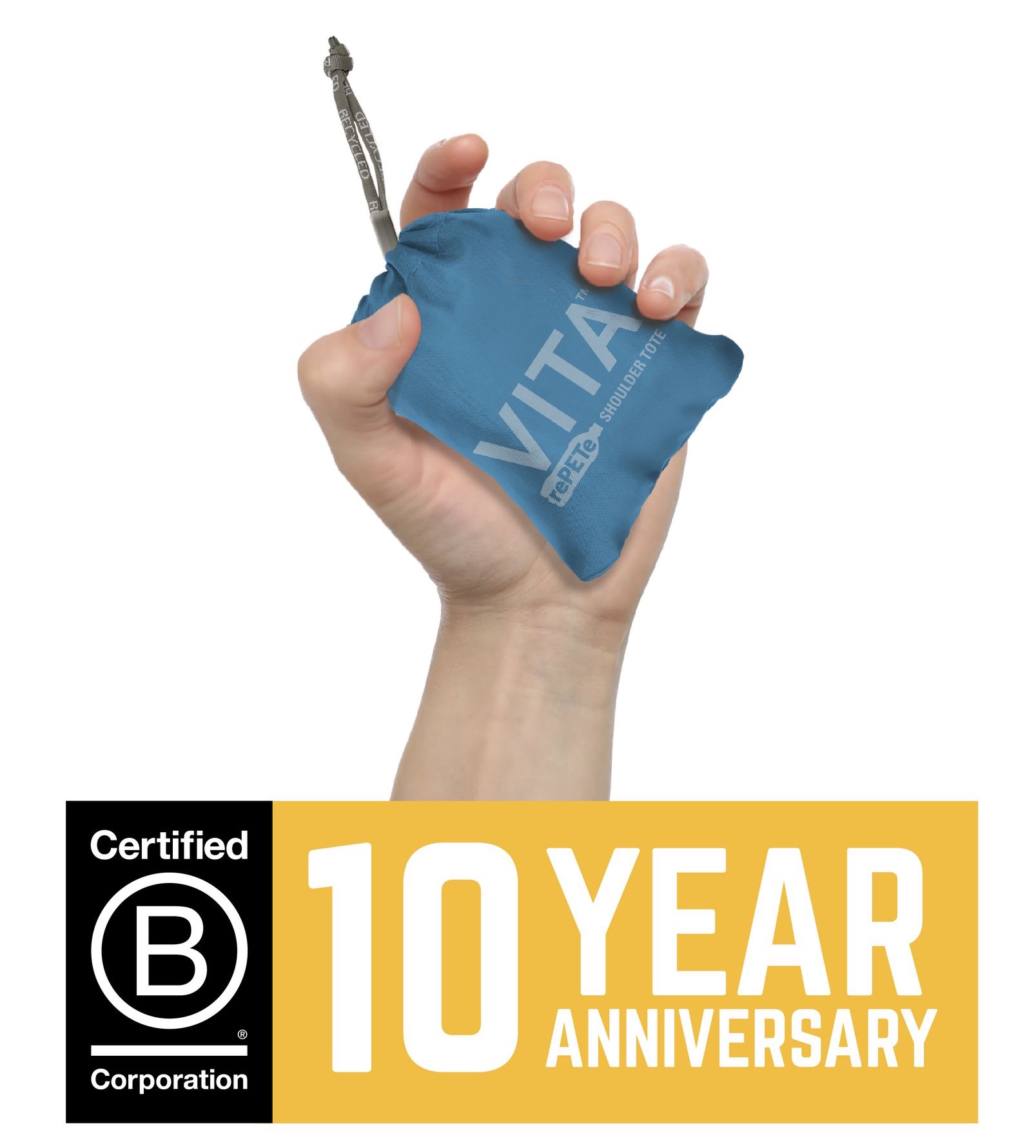 Hand proudly holding up a Blue Chicobag Pouch with text saying 10 year Anniversary