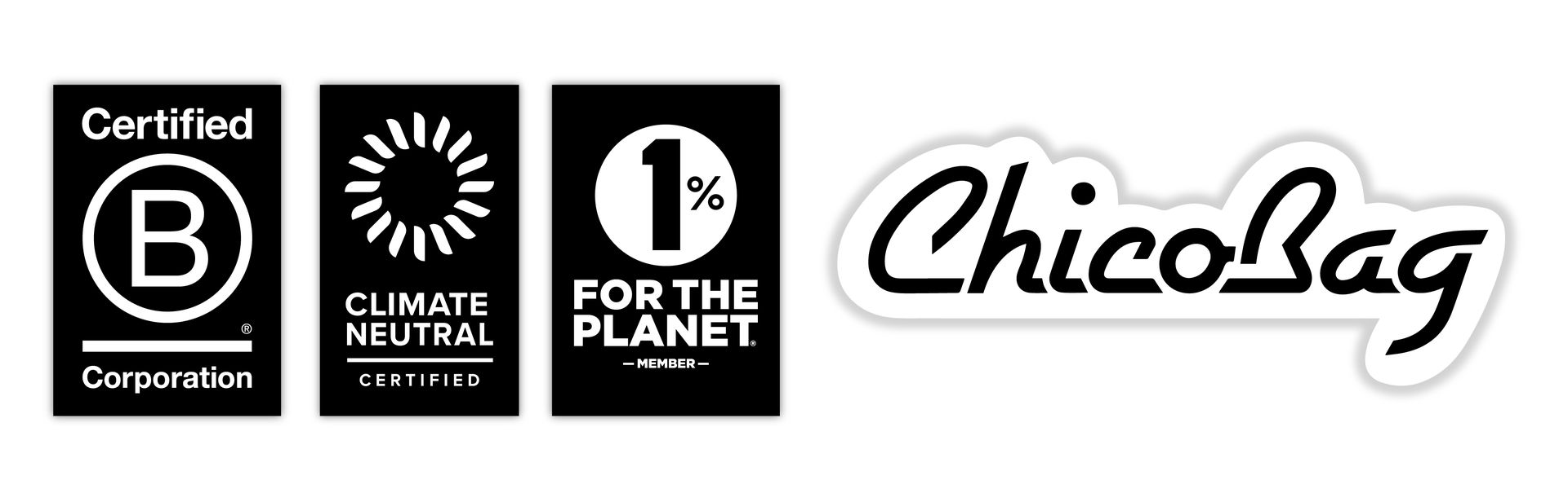 The Chicobag Logo along with their acredidations like B corp certified, Climate Neutral Certified and 1% for the Planet Member